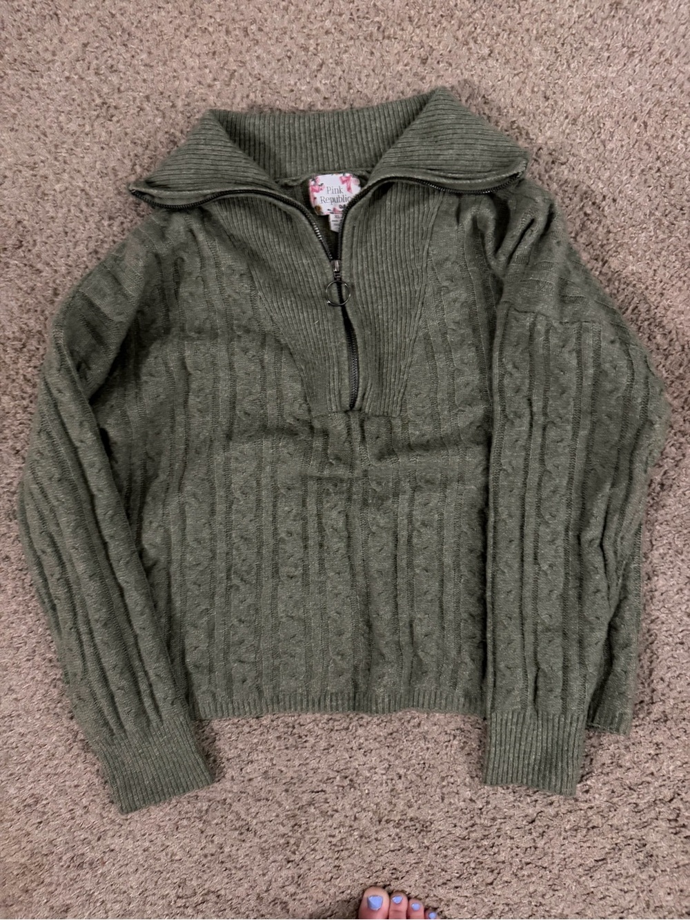 Pink Republic Olive Green Half-Zip Cable Sweater